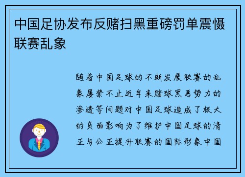 中国足协发布反赌扫黑重磅罚单震慑联赛乱象