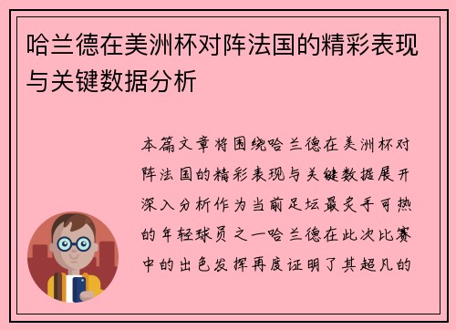 哈兰德在美洲杯对阵法国的精彩表现与关键数据分析